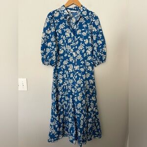 Zara Blue Floral Printed Button Front Collared Long Dress